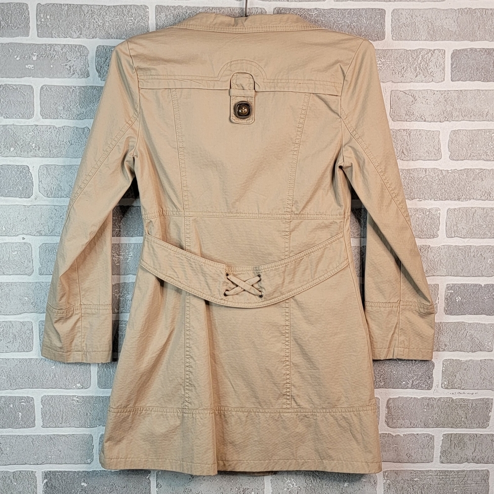 Form Fitting Mid Length Shorter Faux Double Brested Trench Coat Women's Unsized - Picture 8 of 14